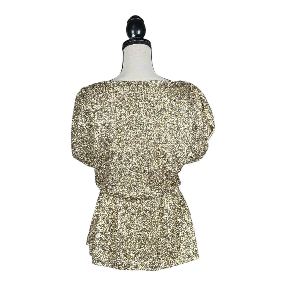 Alice + Olivia Barret Gold Sequin Blouson Party Glam Disco Top - Picture 4 of 5